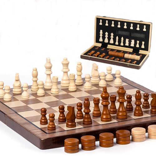 NEWFUN Schachspiel Magnetisch, Schachspiel Hochwertig, Schachspiel, 2 in 1 Magnetisches Schach- und Damespiel, Faltbares Magnetisches Schachspiel, Kinderspielzeug und Geschenke, Schachbrett Holz von NEWFUN