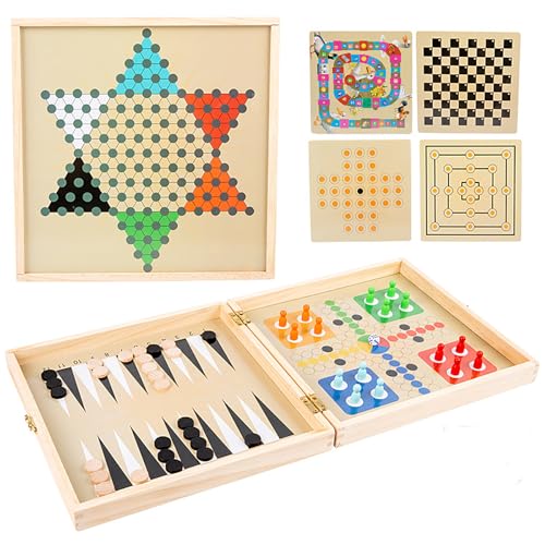 NEWFUN Spielesammlung Klassiker, Spielesammlung Holz, Mensch ärgere Dich Nicht, 12 Klassische Gesellschaftsspiele für Kinder ab 6 Jahren, Verpackt in Einer Stabilen Holzbox, Größe: 33,2*32,8*6,5CM von NEWFUN