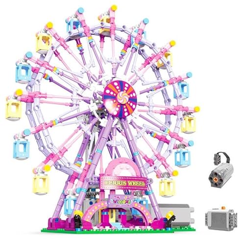 NEWRICE Drehendes Riesenrad Baukasten mit Lichtern,Vergnügungspark Bauklötze BAU-Spielzeug Set für 8+Jahre Jungen.Mädchen (Rosa Riesenrad) von NEWRICE