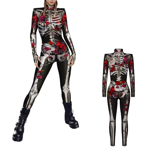 NEWUPZSI 3D Skelett Kostüm Damen Halloween Jumpsuit Kostüm Damen Overall Lady Catsuit Skull Skelett Jumpsuit Knochen Langarm Skinny Skeleton Catsuit Digitaldruck Cosplay Langarm Outfits Bodycon von NEWUPZSI