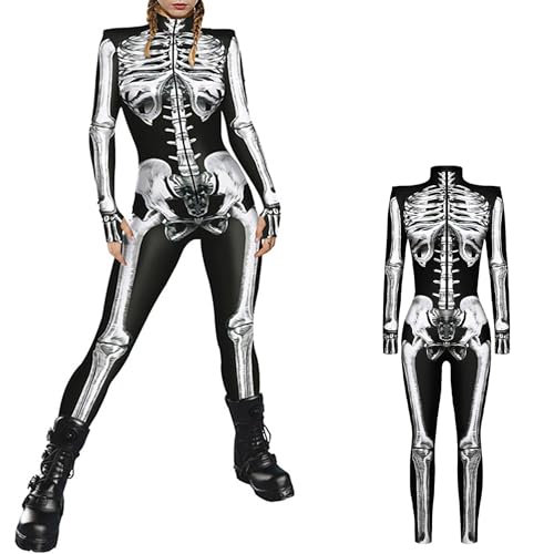 NEWUPZSI Halloween Jumpsuit Kostüm Damen Skelett Overall Damen Jumpsuit Kostüm 3D Print Langarm Skinny Skeleton Catsuit Cosplay Overall Body 3D Skelett Langarm Outfits Bodycon Ganzkörperanzug von NEWUPZSI