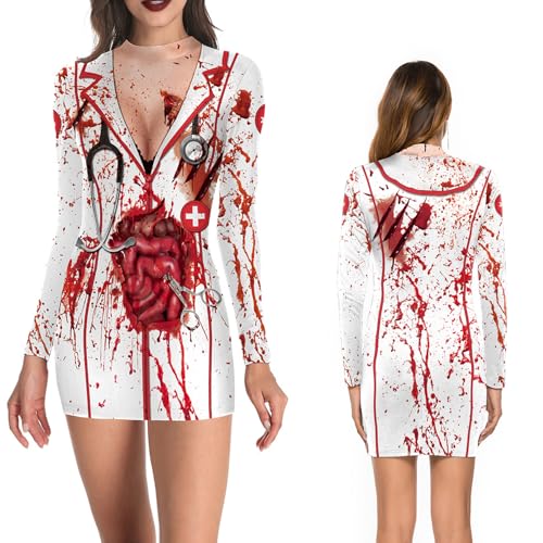 NEWUPZSI Halloween Kostüm Damen Krankenschwester Kleid Bodysuit Lady Catsuit Wickelkleid Bodycon Jumpsuit Knochen Langarm Ärztin Mantel Uniform Cosplay Horror Kostüm für Karneval Fasching Party von NEWUPZSI