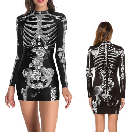 NEWUPZSI Halloween Kostüm Damen Skelett Kleid Bodysuit Lady Catsuit Skull Wickelkleid Bodycon Jumpsuit Knochen Langarm Skinny Skeleton kleider Cosplay Horror Kostüm für Halloween oder Karneval von NEWUPZSI