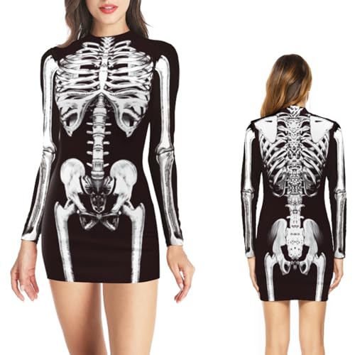 NEWUPZSI Halloween Kostüm Damen Skelett Kleid Bodysuit Lady Catsuit Skull Wickelkleid Bodycon Jumpsuit Knochen Langarm Skinny Skeleton kleider Cosplay Horror Kostüm für Halloween oder Karneval von NEWUPZSI