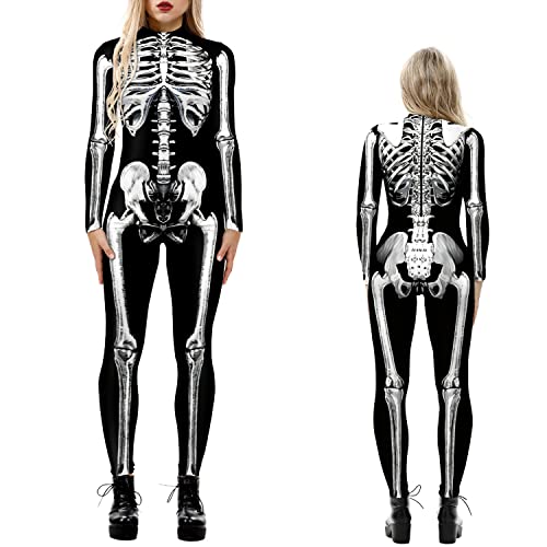 NEWUPZSI Halloween Kostüm Damen Skelett Overall Jumpsuit Lady Catsuit Skull Skelett Jumpsuit Knochen Langarm Skinny Skeleton Catsuit Cosplay Overall Body Anzug Karneval Fasching Karneval Mottoparties von NEWUPZSI