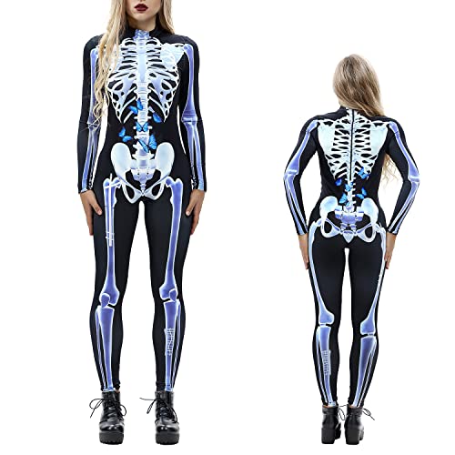 NEWUPZSI Halloween Kostüm Damen Skelett Overall Lady Catsuit Skull Skelett Jumpsuit Knochen Langarm Skinny Skeleton Catsuit Cosplay Overall Body Anzug Karneval Fasching Karneval Mottoparties von NEWUPZSI