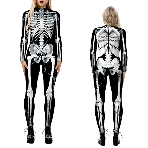 NEWUPZSI Halloween Kostüm Damen Skelett Overall Lady Catsuit Skull Skelett Jumpsuit Knochen Langarm Skinny Skeleton Catsuit Cosplay Overall Body Anzug Karneval Fasching Karneval Mottoparties von NEWUPZSI