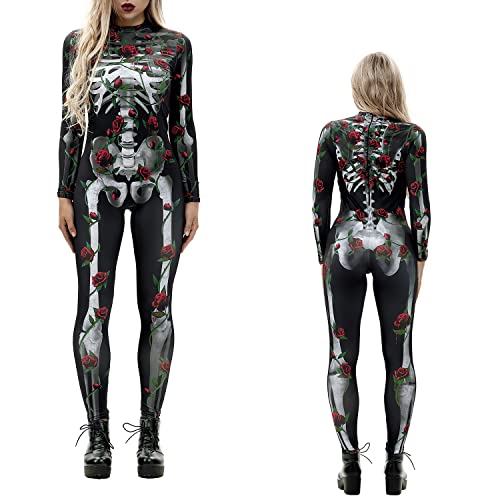 NEWUPZSI Halloween Kostüm Damen Skelett Overall Lady Catsuit Skull Skelett Jumpsuit Knochen Langarm Skinny Skeleton Catsuit Cosplay Overall Body Anzug Karneval Fasching Karneval Mottoparties von NEWUPZSI