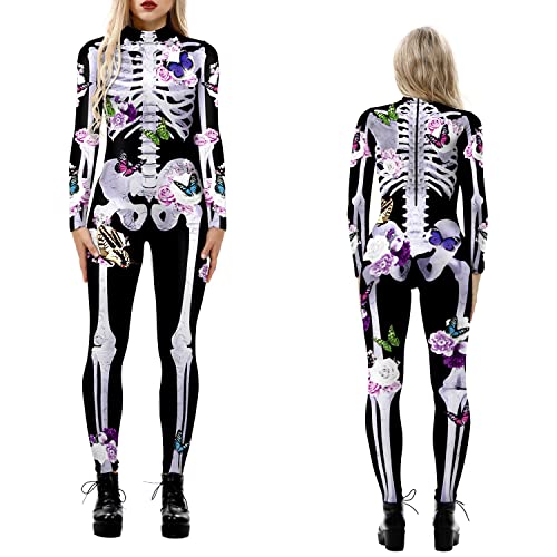 NEWUPZSI Halloween Kostüm Damen Skelett Overall Lady Catsuit Skull Skelett Jumpsuit Knochen Langarm Skinny Skeleton Catsuit Cosplay Overall Body Anzug Karneval Fasching Karneval Mottoparties von NEWUPZSI