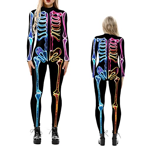 NEWUPZSI Halloween Kostüm Damen Skelett Overall Lady Catsuit Skull Skelett Jumpsuit Knochen Langarm Skinny Skeleton Catsuit Cosplay Overall Body Anzug Karneval Fasching Karneval Mottoparties von NEWUPZSI