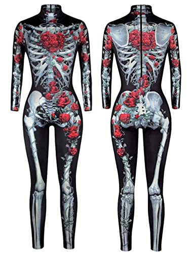 NEWUPZSI Halloween Kostüm Damen Skelett Overall Lady Catsuit Skull Skelett Jumpsuit Knochen Langarm Skinny Skeleton Catsuit Cosplay Overall Body Anzug Karneval Fasching Karneval Mottoparties von NEWUPZSI