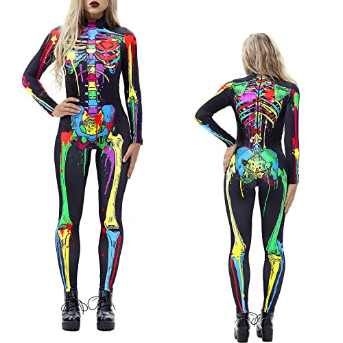 NEWUPZSI Halloween Kostüm Damen Skelett Overall Lady Catsuit Skull Skelett Jumpsuit Knochen Langarm Skinny Skeleton Catsuit Cosplay Overall Body Anzug Karneval Fasching Karneval Mottoparties von NEWUPZSI