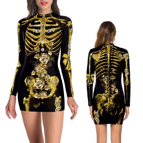 NEWUPZSI Halloween Kostüm Damen kleider Bodysuit Lady Catsuit Skull Wickelkleid Bodycon Jumpsuit Knochen Langarm Skinny Skeleton kleid Cosplay Horror Kostüm Für Karneval Fasching Party von NEWUPZSI