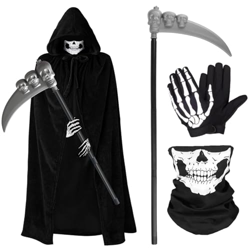 NEWUPZSI Halloween Kostüm Sensenmann Kinder Jungen Schwarze Herren böse Reaper mit Sense für Allerheiligen Party Maskerade Cosplay Karneval Rollenspiel Umhang mit Kapuze von NEWUPZSI