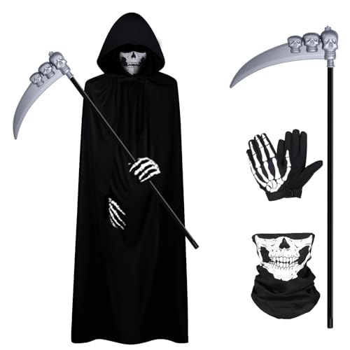 NEWUPZSI Sensemann Kostüm Halloween Herren Schwarzer Umhang Ghost Sensenmann Herren mit Kapuze Unisex Kostüm Grim Reaper für Party Halloween kostüm Dekoration Cosplay von NEWUPZSI