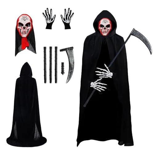 NEWUPZSI Sensenmann Kostüm Halloween mit Schädelmaske Handschuhen Sense Halloween Umhang für Party Halloween kostüm Dekoration Cosplay von NEWUPZSI