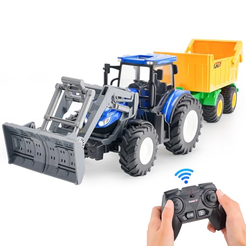 NEXBOX Ferngesteuerter Traktor Spielzeug fur Kinder - RC LKW Set Metall Front End 4 Räder mit Lichtern Bauernhof Auto Spielzeug für 3 4 5 6 7 8 9 Jahre alt Jungen Mädchen Geburtstag Geschenk von NEXBOX