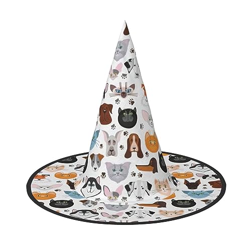 NEZIH Cartoon-Katzen- und Hunde-Druck, Halloween-Kostüm, Kegel, Hexenhüte für Unisex, Steeple-Oberteil für Halloween, Weihnachtsfeier von NEZIH