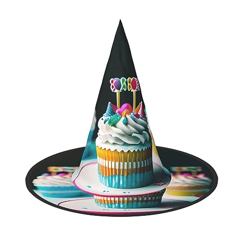NEZIH Happy Birthday Kuchen Druck Kegel Hexenhut für Frauen Hexenhüte für Halloween Cosplay Kostüm Zubehör Party von NEZIH