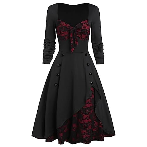 NFAOEGJ Damen Mittelalter Kleid Gothic Kleider, Steampunk Lace Up Kleid, Vintage Langarmkleid, Karneval Party Cosplay Halloween Kostüm Damen (Vintage Mittelalter Kleid, L) von NFAOEGJ