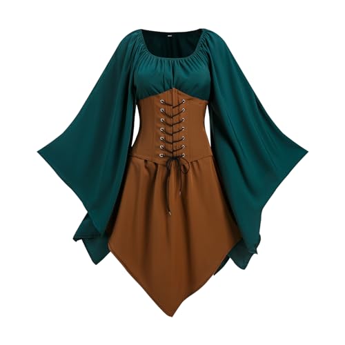 NFAOEGJ Damen Mittelalter Kleid mit Trompetenärmel,Traditionelles irisches Kleid für Damen Renaissance Cosplay Kostüm Karneval Party Halloween Kostüm(Grün-2,3XL) von NFAOEGJ