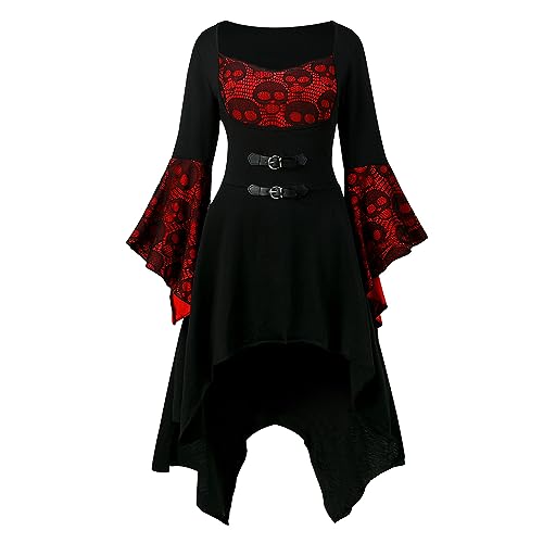 NFAOEGJ Damen Mittelalter Kleid mit Trompetenärmel,Traditionelles irisches Kleid für Damen Renaissance Cosplay Kostüm Karneval Party Halloween Kostüm (Rot, 3XL) von NFAOEGJ