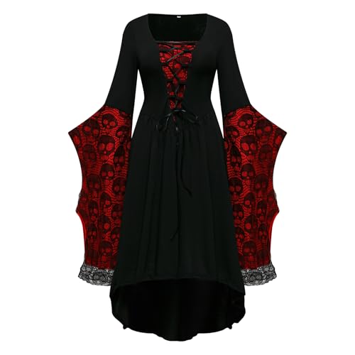 NFAOEGJ Damen Mittelalter Kleid mit Trompetenärmel,Traditionelles irisches Kleid für Damen Renaissance Cosplay Kostüm Karneval Party Halloween Kostüm (Rot-1, M) von NFAOEGJ