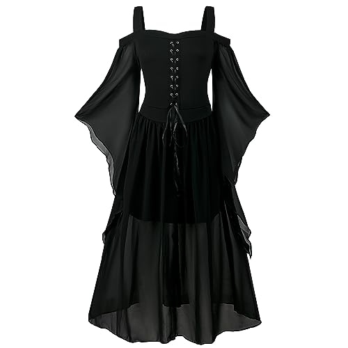 NFAOEGJ Damen Mittelalter Kleid mit Trompetenärmel,Traditionelles irisches Kleid für Damen Renaissance Cosplay Kostüm Karneval Party Halloween Kostüm (Schwarz, 3XL) von NFAOEGJ