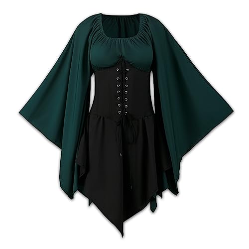 NFAOEGJ Mittelalter Kleid Mit Trompetenärmel Damen, Traditionelles Irisches Kleid, Renaissance Gothic Retro Kleid, Viktorianisches Cosplay Kleid für Halloween Karneval (Grün, L) von NFAOEGJ