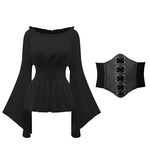 NFAOEGJ Mittelalter Kleidung Damen, Mittelalter Langarm Top mit Gürtel, Viktorianisches Renaissance Kostüm Set für Karneval Halloween Cosplay (Schwarz+Gürtel, L) von NFAOEGJ