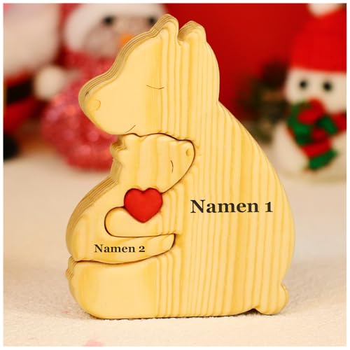 NGTSFLY Personalisierte Bärenfamilie Holzkpuzzle Geschenke – mit 2-9 Namen – Familien Geschenk – Holz Bär Skulpturen als Desktop Ornament, Tischdekoration (Alleinerziehender Bär) von NGTSFLY