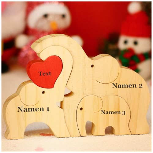 NGTSFLY Personalisierte Bärenfamilie Holzkpuzzle Geschenke – mit 2-9 Namen – Familien Geschenk – Holz Bär Skulpturen als Desktop Ornament, Tischdekoration (Elefanten) von NGTSFLY