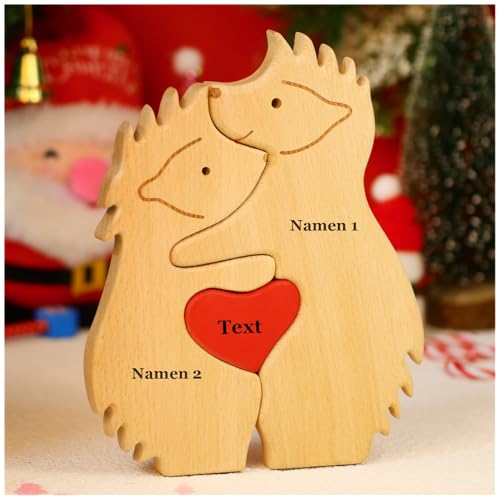 NGTSFLY Personalisierte Bärenfamilie Holzkpuzzle Geschenke – mit 2-9 Namen – Familien Geschenk – Holz Bär Skulpturen als Desktop Ornament, Tischdekoration (Igel) von NGTSFLY