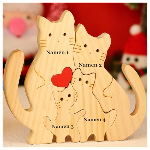 NGTSFLY Personalisierte Bärenfamilie Holzkpuzzle Geschenke – mit 2-9 Namen – Familien Geschenk – Holz Bär Skulpturen als Desktop Ornament, Tischdekoration (Kätzchen) von NGTSFLY