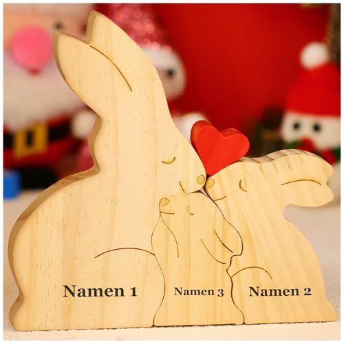 NGTSFLY Personalisierte Bärenfamilie Holzkpuzzle Geschenke – mit 2-9 Namen – Familien Geschenk – Holz Bär Skulpturen als Desktop Ornament, Tischdekoration (Kaninchen) von NGTSFLY