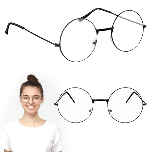 NGUIT 2 Paar Runde Brille Unisex Schwarz Nerd Brille Klare Linse Metallrahmen Gefälschte Brillen Kein Make-up Brille Party Kostüm Zubehör für Jugendliche und Erwachsene - Klassische Vintage Brillen von NGUIT