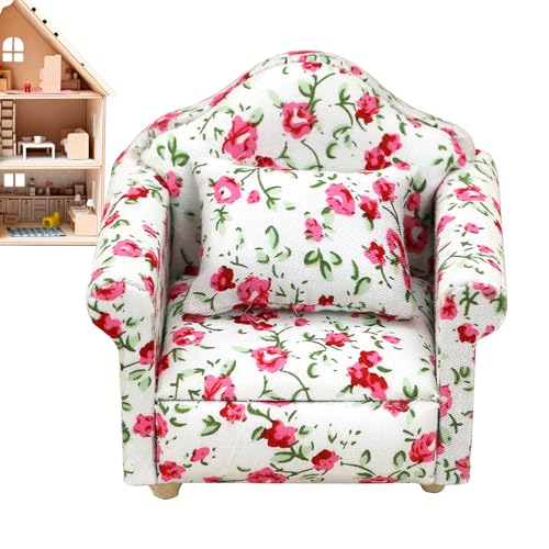 Miniatursofa, Puppensofa,Moderner Blumensessel Sofa 1 12 Maßstab Möbel - Puppenhausmöbel mit Kissen, Blumenmuster Holzstoffrahmen Lesestuhl für Schreibtischdekoration im Wohnzimmer von NGUMMS