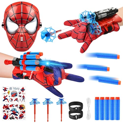 NHYDZSZ 2 Stück Launcher Handschuh, Spiderm Launcher Handschuhe Kids Spiderm Hero Handschuhe Super Spiderm Launcher mit Maske und Aufkleber Spielzeug Handschuh Cosplay Glove Launcher für Kinder Fans von NHYDZSZ