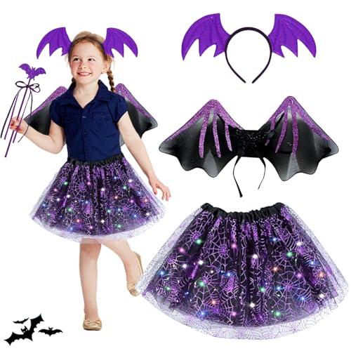 Halloween Kostüm,Mädchen Fledermaus Halloween Kostüm,Fledermaus Kostüm Kinder mit LED Rock,Flügel,Haarreif,Zauberstab,Lila Fledermaus Kostüm Set für Kinder Halloween Karneval Fasching Mottoparty von NHYDZSZ