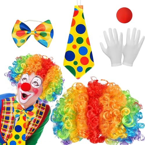 5PCS Clown Kostüm Herren & Damen Set, Clown Kostüm Erwachsene Set, Clown Kostüm Accessoires, Clown Lockenperücke Regenbogen fur Karneval, Fasching & Karneval Cosplay & Zirkus Requisiten von NHYDZSZ