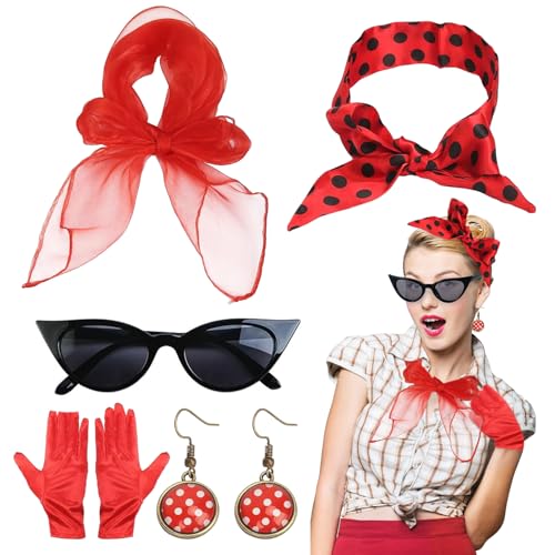 NHYDZSZ 5TLG Rockabilly Accessoires Damen,1950s Kostüm Set,50er Jahre Damen Kleid Zubehör mit Chiffon Schal, Katzen Auge Brille, Polka Dots Stirnband Ohrstecker,Handschuh, Bandana Krawatte von NHYDZSZ