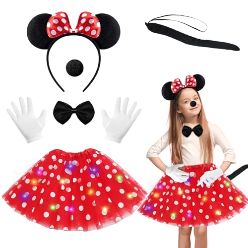 NHYDZSZ 6 PCS Minnie Mouse Kostüm Kinder,Leuchtende Kinder Minnie Kostüm,Karneval Kostüm Kinde,Tutu LED + Haarreifen mit Ohren + Schwarz Schleife + Handschuhe + Schwänze,für Fasching Cosplay Karneval von NHYDZSZ