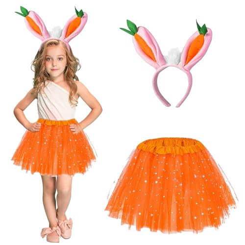 NHYDZSZ Hasenkostüm Set Kinder, 2 Stück Kaninchen Kostüm Mädchen Set, Hase Kostüm Kinder,Hasen Kostüm Kinder,1 Hasenohren,1 Tüllrock Orange,für Mädchen Ostern Karneval Mottoparty Kostüm Zubehör von NHYDZSZ