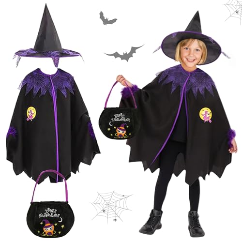 NHYDZSZ Hexenkostüm Kinder, Halloween Hexenkostüm Mädchen, Hexe Kostüm, Schwarz Lila Witch Umhang mit Hut und Tüten, Kinder Hexen verkleiden Kostüm für Halloween, Cosplay Party, Fasching von NHYDZSZ