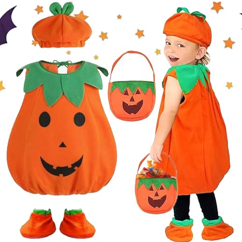 5 Pcs Halloween Kostüm Kürbis Kinder, Baby Kürbis Kostüm mit halloween süssigkeiten beutel, Baskische Hut und Schuhe Abdeckung Halloween Verkleiden Cosplay Kostüme für Jungen Mädchen 3-10 Jahre (S) von NHYDZSZ