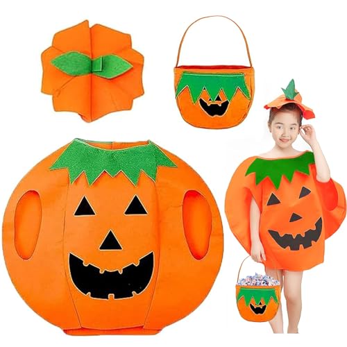 NHYDZSZ Kürbis Kostüm Orange Halloween Kürbis Kostüm mit Kürbis Candy Bag Mütze Kürbis Umhang Unisex Lustige Kürbis Cosplay Party Kleidung Fasching-skostüm Karnevals-Kostüme (Kind) von NHYDZSZ