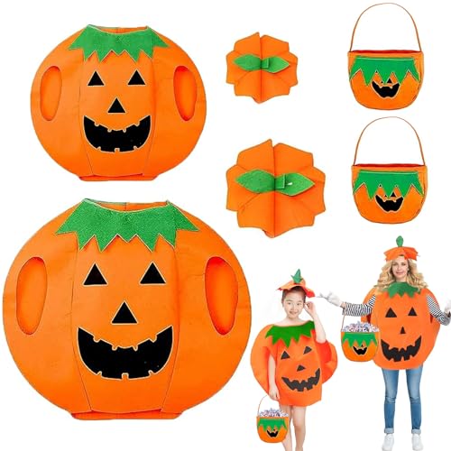 NHYDZSZ 6 PCS Kürbis Kostüm Orange Halloween Kürbis Kostüm mit Kürbis Candy Bag Mütze Kürbis Umhang Unisex Lustige Kürbis Cosplay Party Kleidung Fasching-skostüm Karnevals-Kostüme (Erwachsener+Kind) von NHYDZSZ