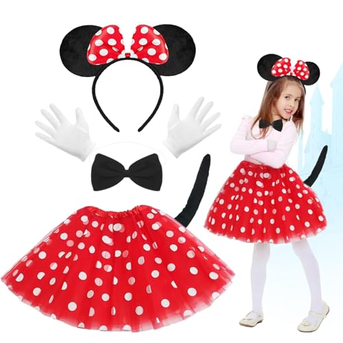 5 Pcs Mädchen Maus Mouse Kostüm,Faschingskostüme Kinder,Min-nie Mouse Kostüm Kinder,Karneval Kostüm Kinder,Ballettkleider Haarreifen Handschuhe Mini Maus Haarreifen für Karneval Cosplay Fasching von NHYDZSZ