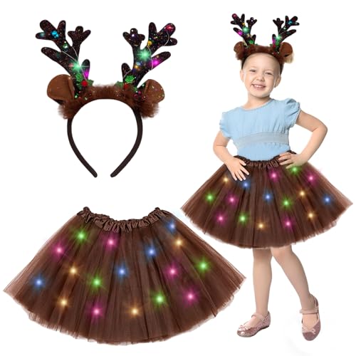 NHYDZSZ Rentier Kostüm Kinder, Faschingskostüme Kinder, Reh Kostüm Kinder mit LED, Karneval Kostüm Kinder, Rentier Haarreif mit LED, Rentier Kostüm Mädchen für Karneval Fasching Cosplay Verkleidung von NHYDZSZ