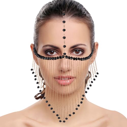 NICENEEDED Maskerademaske Mit Langen Quasten, Kopfbedeckung Mit Schwarzer Edelstein-Kopfbedeckung Für Damen Und Mädchen, Legierungs-Schleier-Gesichtskette Für Halloween-Party-Nachtclub-Kostüm von NICENEEDED